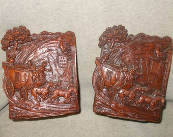 Vintage Syroco Bookends With Old West Motif of Stagecoach Pulled by Four Horses is Western Decor for Man Cave