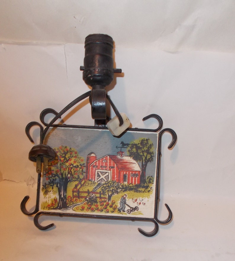 Vintage Electric Wall Lamp Is A Country Rustic Sconce With Pictorial Farm Scene