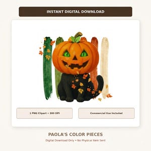 Puede incluir: Una ilustración digital de un gato negro con una cabeza de calabaza naranja tallada con ojos verdes. El gato está adornado con hojas de otoño naranjas y amarillas dispersas, sobre un fondo de pinceladas verticales de acuarela.