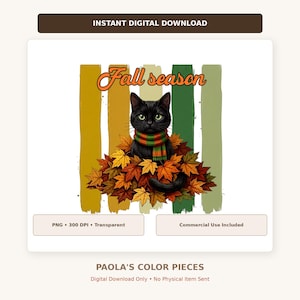 Puede incluir: Un gráfico digital que muestra un gato negro con una bufanda a rayas verdes, naranjas y rojas, sentado en un montón de hojas de otoño coloridas. El fondo consiste en pinceladas verticales en tonos amarillos, naranjas y verdes. El texto Fall season está escrito en naranja sobre el gato.