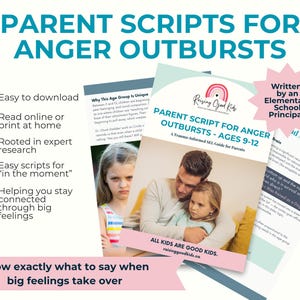 Puede incluir: Imagen promocional de "Parent Scripts for Anger Outbursts" con una portada de libro que muestra a un padre y un niño, y documentos de apoyo. El texto incluye "Fácil de descargar" y "Sepa exactamente qué decir cuando los sentimientos fuertes se apoderan."