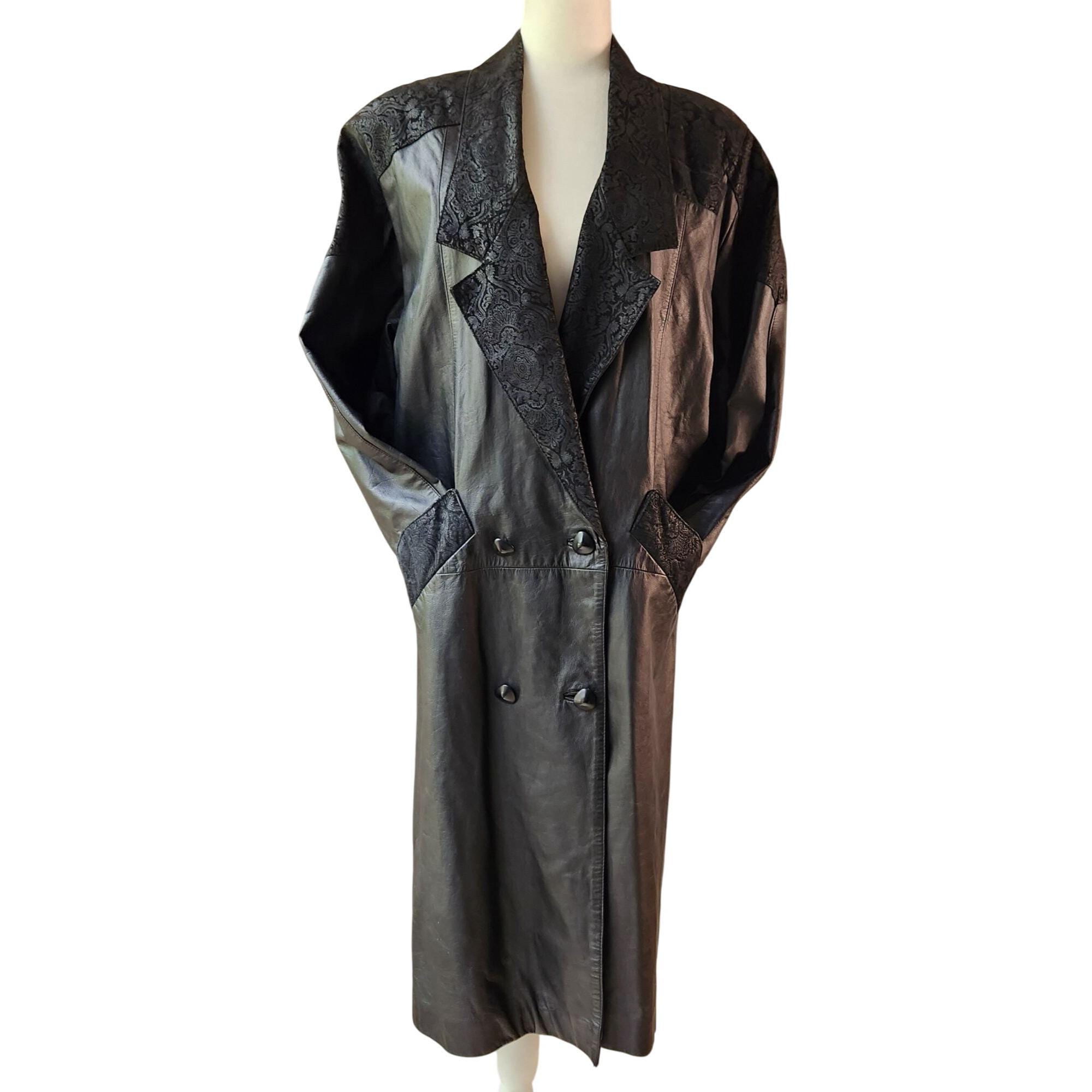 Vintage Charles Klein Black Leather Trench Coat, Paisley Suede 