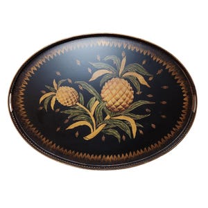 Oversized 19th Century French Hand Painted Oval Gallery Tole Tray Pineapple, Antique Large Drinks Tray 28&quot; x 20.5&quot; x 1.5&quot; Pineapples
