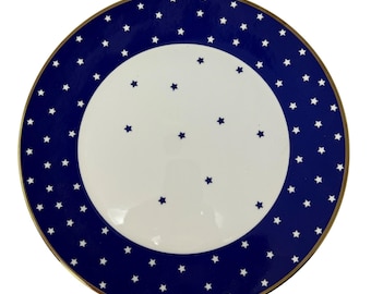 Plato de cena vintage Richard Ginori Manifattura GIN181 con estrellas azules y blancas y detalles dorados, 1735, vajilla italiana