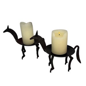 Vintage Pair Fredrick Weinberg Style Brutalist Mid Century Modern Welded Metal Candle Stick/Holder Iron Folk Art llama horse Rustic