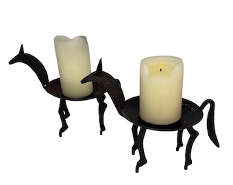 Vintage Pair Fredrick Weinberg Style Brutalist Mid Century Modern Welded Metal Candle Stick/Holder Iron Folk Art llama horse Rustic