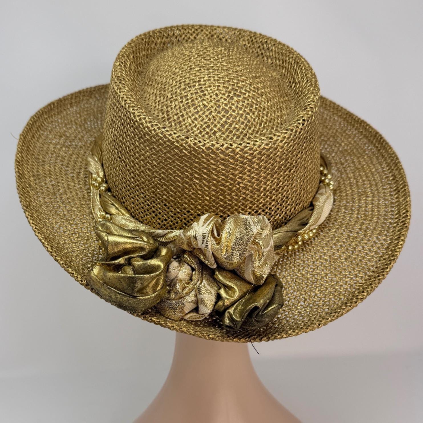 Vintage Gold Woven Straw Hat Statement Wide Brim Beaded Band USA Made 1980s 1980s Straw Hats - Etsy main image 4