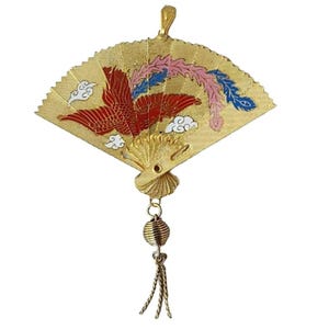 Vintage 70&#39;s Asian Chinese Articulated Gold Brass Fan Necklace Charm Pendant NOS, True Vintage, Collapsible , Dual Sided Phoenix in Flight