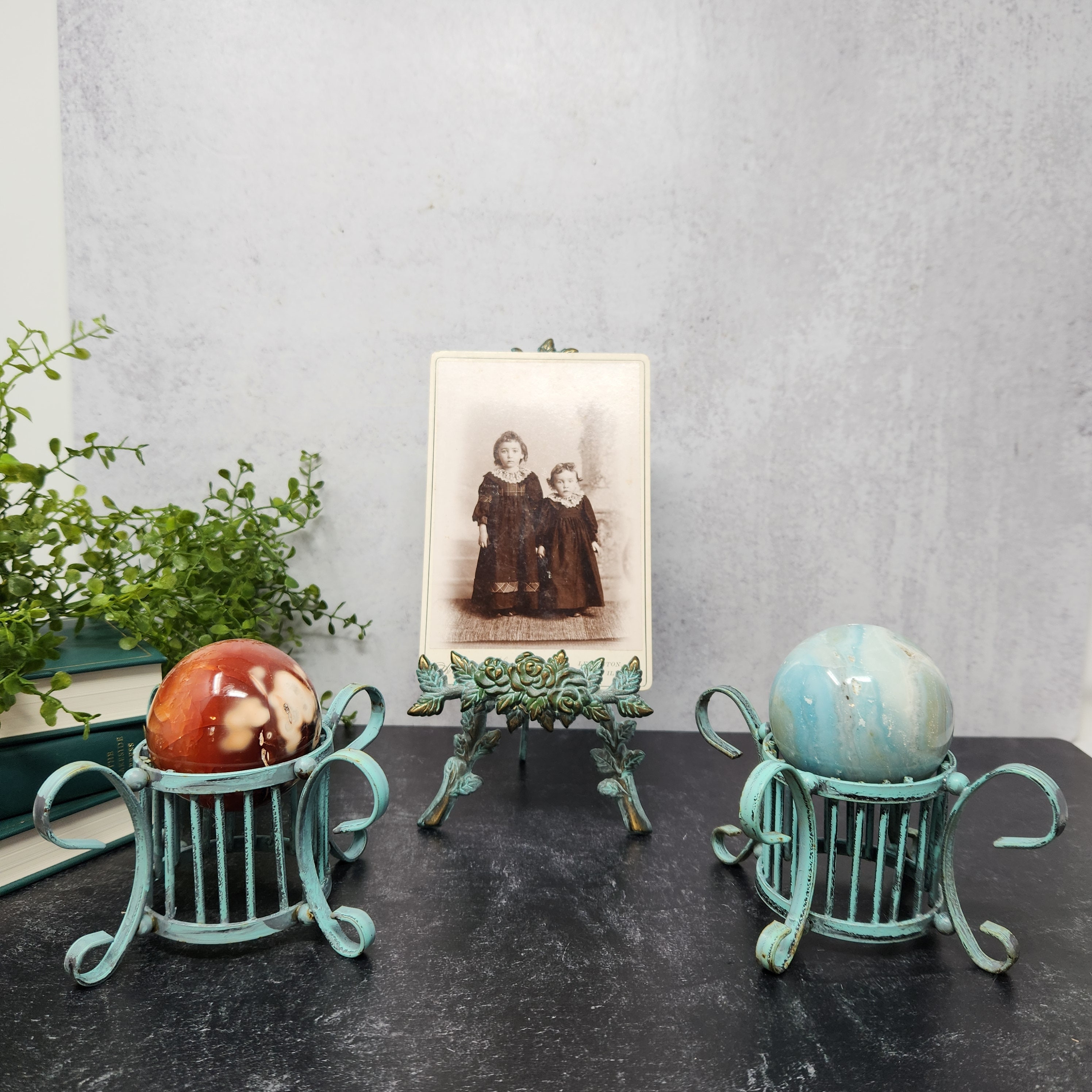 Vintage Set Turquoise Blue Brass Sphere Stands Photo Holder