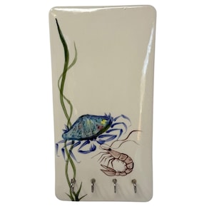 Vintage Ceramic Tile Hanging Nautical Theme Wall 4 Key Hooks Crab & Shrimp, beach, vintage, ocean, coastal, nautical decor