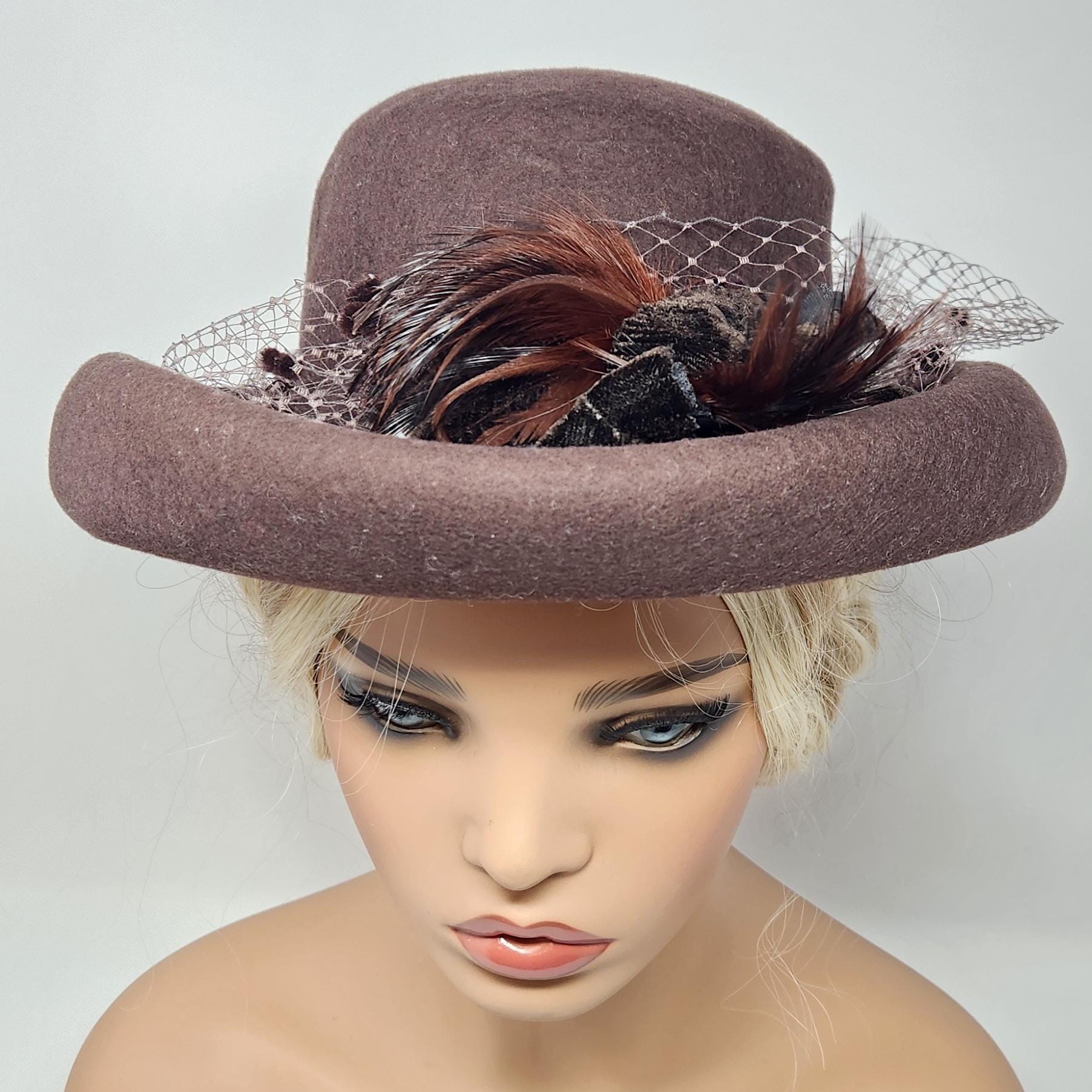 Vintage Brown Wool Felt Meril Hat With Feathers & Netting
