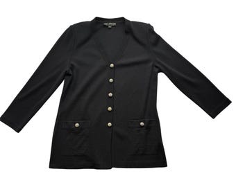 St. John Basics Black Santana Knit Cardigan Jacket Sweater sz 12 Decorative Rhinestone Buttons Excellent Condition