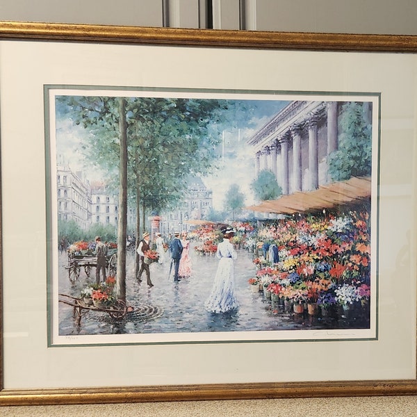 Vintage Framed La Madeleine Paris Painting Print by Chun French Flower Market Pencil Signed Numbered 876/950 (33.5" x 28") France