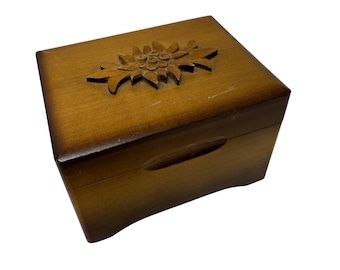 Vintage Reuge wood hinged music box, 4" x 3", hand carved wood floral top music box, Made in Switzerland