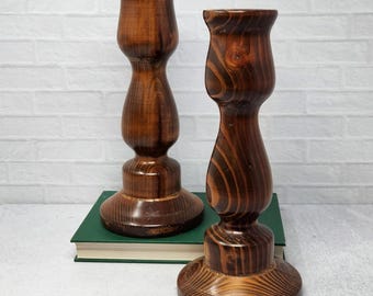 Vintage Hand Turned LARGE Wood Taper Candle Holder Candlestick Pair 12" T, Vintage Candlesticks, Rustic Decor, Primitive Decor, Farmhouse