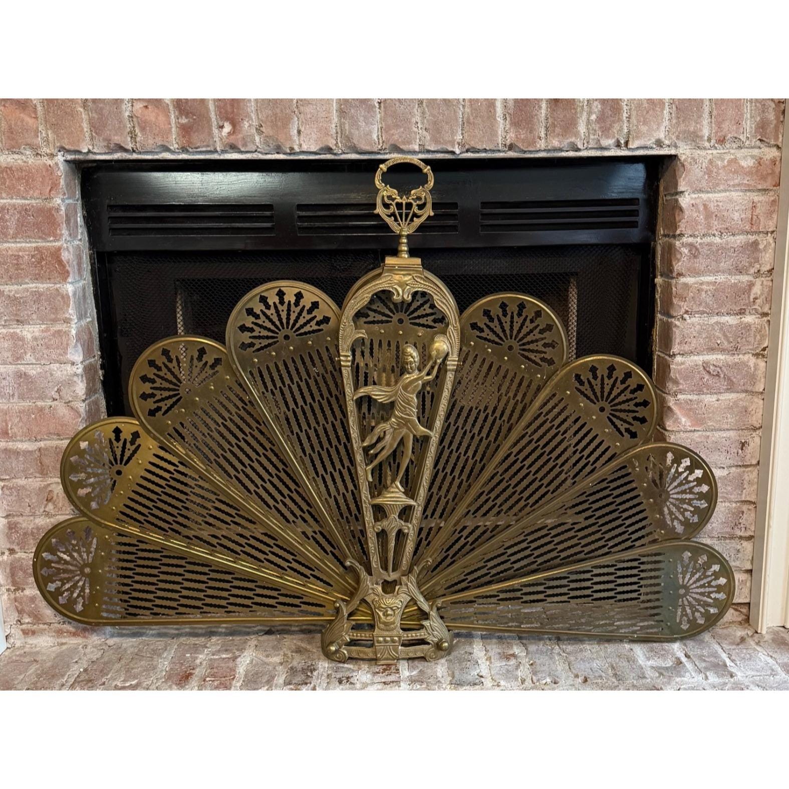 XL Vintage Art Deco Fireplace Screen Brass Ornate Peacock Folding Fan ...