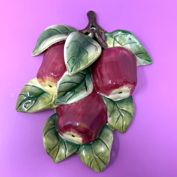Vintage Home Interiors Ceramic Apple Wall Plaque, Sonoma Villa, Red Apples Kitchen Decor, Retro Wall Hanging