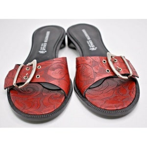 Vintage Kenneth Cole Red Tooled Leather Sandals Slides Womens sz 6 M (36), classic sandals, vintage women sandals, vintage leather sandals