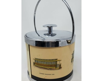 Serv-Master Ice Bucket San Francisco Trolley Cars Chrome Vintage 1960s Cream 1pc