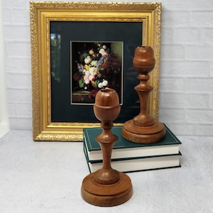 Vintage Hand Turned Wood Taper Candle Holder Candlestick Pair 7&quot; T, Vintage Candlesticks, Rustic Decor, Primitive Decor, Farmhouse, Cottage