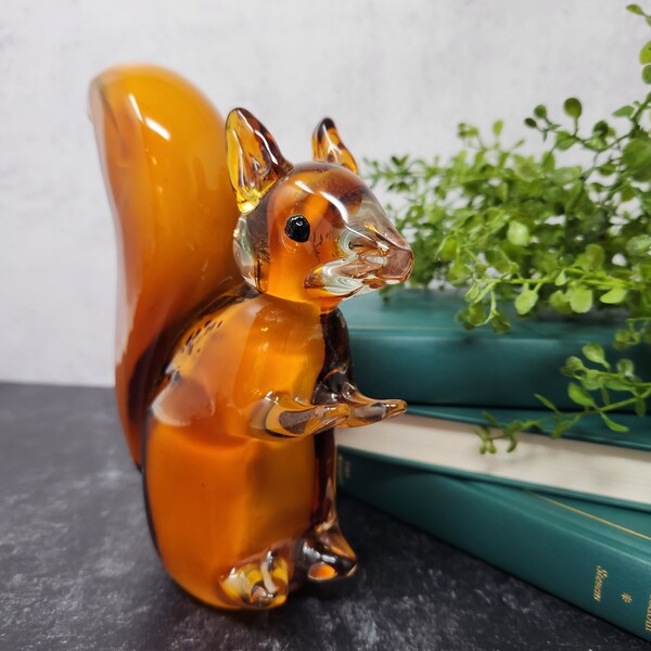 Vintage Murano Style Hand Blown Art Glass Squirrel, Paperweight, 7" tall, Amber Brown, Art Glass Paperweights, Squirrel Figurine