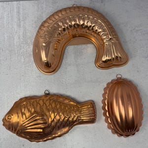 Set of 3 Vintage Copper Gelatin Molds Fish & Oval Copra Jello Cake Mold Hanging Wall Decor, Kitchen Decor
