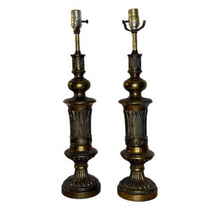 Vintage Pair Heavy Hollywood Regency Style Brass Pillar Table Lamps, Medium Scale, 1950&#39;s, Accent Lamps, Unique Lamps