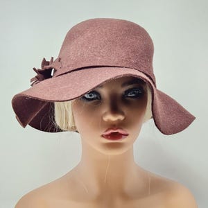 Vintage Style Womens Wool Felt Floppy Hat With Flower Accent, Bucket Hat, Cloche Hat, Brown Wool Hat