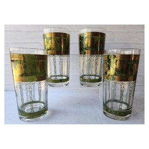 Cera Glass Golden Grapes Green Highball Barware Glasses Set of 4, Golden Grapes Green, Gold Grapes On Green Band, Vintage Bare Ware