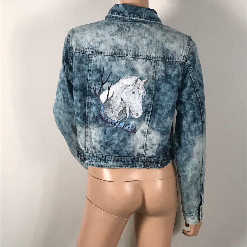 L Unique OOAK Vintage Jean Jacket Vintage Denim Womens Vintage Blue Distressed Jean Jacket EMBROIDERED Jacket Horse Spirit Animal sz M