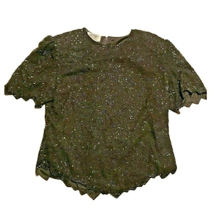 Vintage Black Beaded Blouse Medium Formal Party Cocktail Blouse Top Scalloped