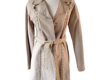 Vintage 90s Wet Seal Tan Suede Jacket Belted Boho Hippie Mid Length Coat Medium Large Retro Leather Jacket Women’s Outerwear