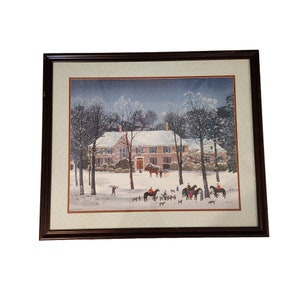 Impresión litográfica firmada por Michel Delacroix La Chasse D Hiver, enmarcada profesionalmente, 34 x 29 pulgadas