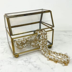 Vintage Mid Century Brass & Glass Display Box 4.5&quot; T Footed Jewelry Casket with Hinged Lid – Mini Terrarium Trinket Holder – Never Displayed