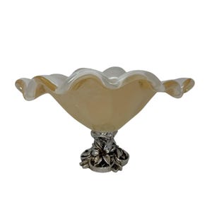 MURANO Venetian Glass Gold & White CONSOLE Bowl SILVER Footed Floral Pedestal