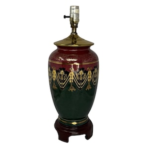 Vintage Asian Chinese Japanese Inspired Lamp Ceramic Jar Urn Wood Base Gold Gilt Classic Porcelain Table Lamp, Vintage Lighting, Accent Lamp
