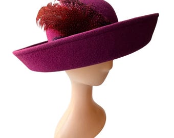 Vintage Magenta Wool Wide Brim Hat with Feather Accent Elegant 1950s 1960s Style