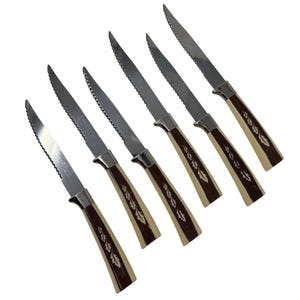6 Vintage Steakmesser ref6 Regent Sheffield Edelstahl Holzmaserung Design Creme Akzente