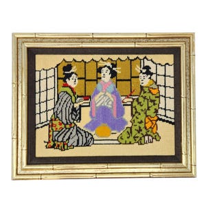 Vintage 1960s Asian Chinoiserie Cross Stitch Needlepoint Art Gold