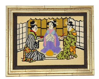 Vintage 1960s Asian Chinoiserie Cross Stitch Needlepoint Art Gold Bamboo Frame 15x12, Midcentury, MC, Wall Art, Chinese, Japanese