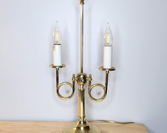 Vintage Brass Bouillotte Lamp, French Horn Double Light Table Lamp