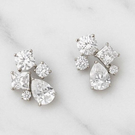 Rose Gold Swarovski Elements Crystal Cluster Stud Earrings Post Vintage Wedding