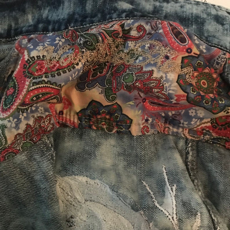 L Unique OOAK Vintage Jean Jacket Vintage Denim Womens Vintage Blue Distressed Jean Jacket EMBROIDERED Jacket Horse Spirit Animal sz M