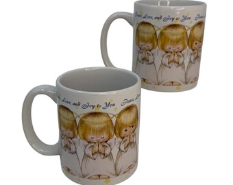 Vintage Pair Hallmark Praying Angel Mugs Peace Love and Joy Christmas Gift Coffee Cups, Tea Mugs, Retro 80s 90s