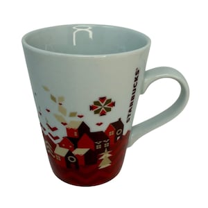 STARBUCKS Coffee Cup Mug 12oz Christmas Village Red Gold On White Snowflakes