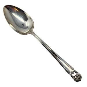 以下が含まれることがあります： 丸みを帯びたボウルと細長い柄が付いた銀のスプーン。柄の端には装飾的な花の模様があります。スプーンは光沢のある反射性の金属でできています。