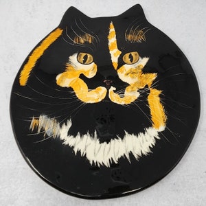 Cats by Nina Lyman Black Calico Painted Decorative Table Top Wall Hanging Plate - Retro Cat Lover Decor