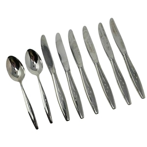 Gorham Stegor STAR SPRAY Stainless Flatware 6 Knife Knives 2 Oval Place Spoons