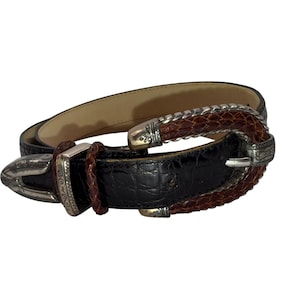 Ceinture en cuir Brighton noir et marron vintage des années 90, moyenne 30, boucle argentée de Style occidental et accessoires tressés