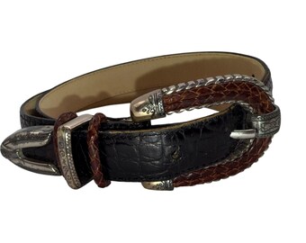Vintage 90s Brighton Black & Brown Leather Belt Medium 30 Western Style Silver Buckle and Braided Accents Tooled Hardware